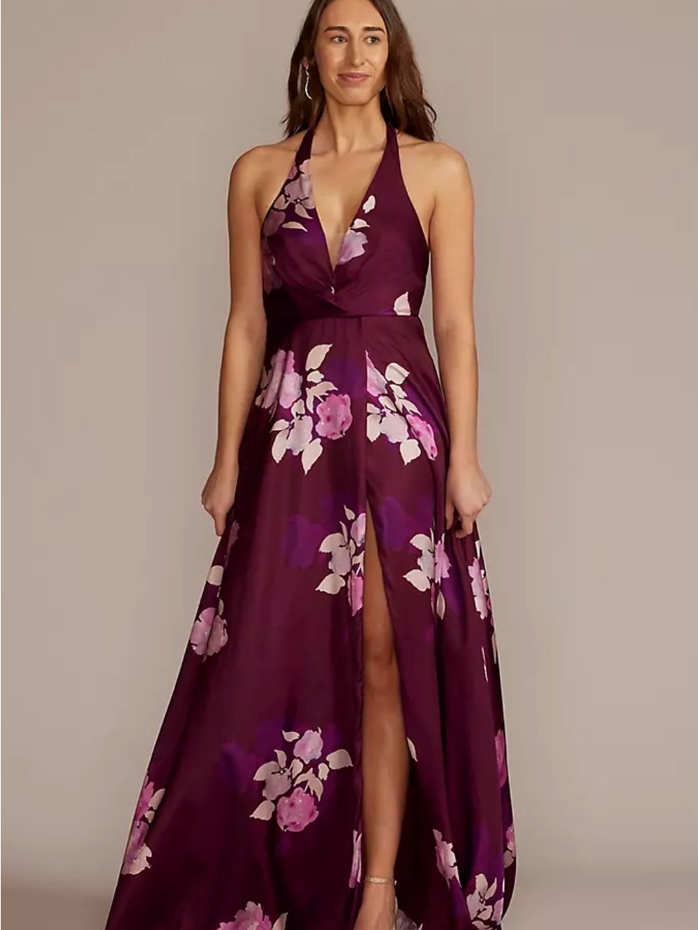 David's Bridal Plum Floral Halter Backless Maxi Dress
